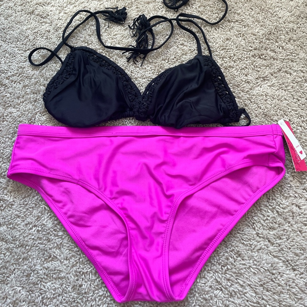 Black and pink string bikini set